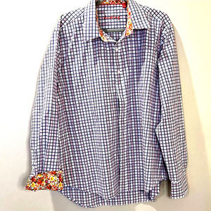 Men's dress shirt blue and pink checked with decorative flower trim 3XL